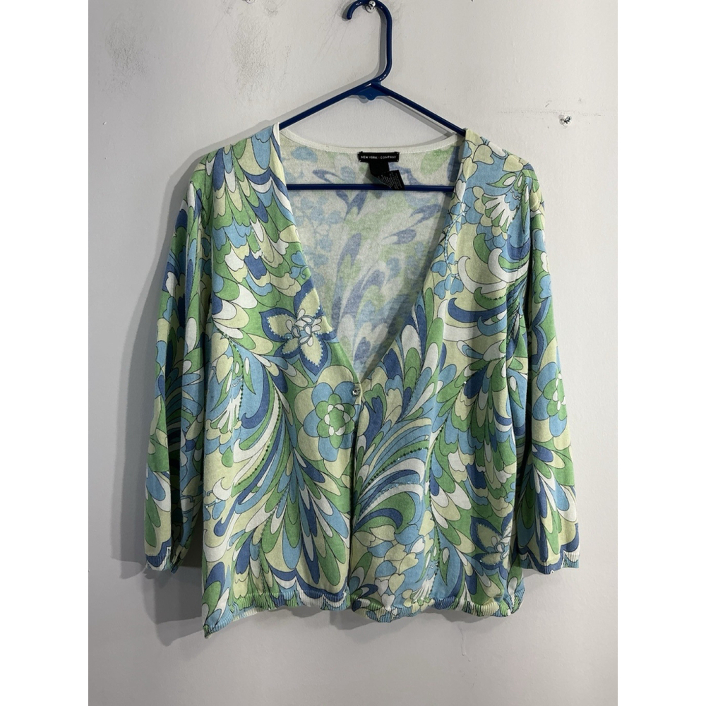 Womans NY & Co Cardigan Sweater Floral V Neck 3/4 Sleeve 1 Button Close XL